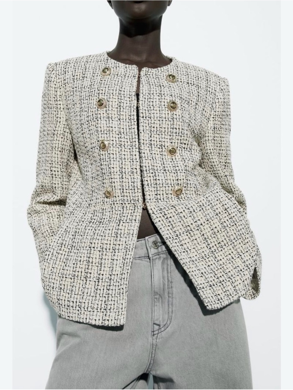 ZARA off white and black Tweed Double-Breasted Jacket/Gold Buttons XL (read)